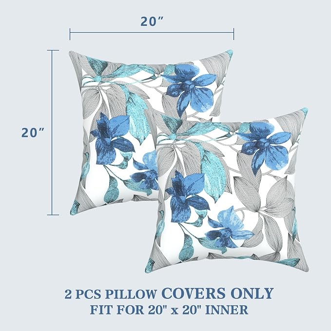 LVTXIII Outdoor Pillow Covers 20x20 Inch, 2 Pack Large Square Throw Pillow Cases, Fade-Resistant Cushion Covers for Patio Furniture Sofa, Garden Porch, Clemens Noir Blue