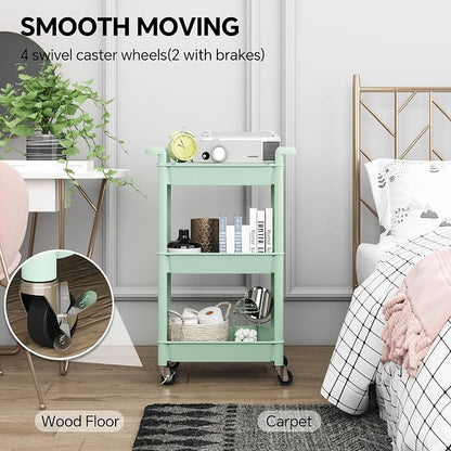 Steehoom 3-Tier Utility Rolling Cart with Cover Top Board, Mobile Utility Cart with Lockable Casters Multi-Functional Storage Trolley for Office, Bathroom, Kitchen, Garden, Laundry Room (Green)