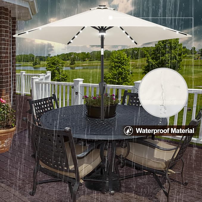 FLAME&SHADE Solar Patio Umbrella with Centre Light, 7.5 FT Ivory | UV Protection, Small Solar Outdoor Umbrella for Porch, Deck, Backyard, Garden, Provides Evening Lighting, 24 LED Lights