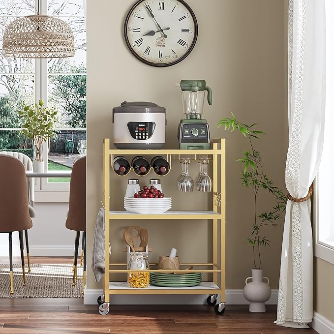 TUTOTAK Bar Cart with Wheels, Drink Cart with Wine Rack and Glass Holder | 3-Tier 23.7 Inch Wide Home Bar Serving Carts, Small Mobile Kitchen Shelf with 6 Hooks, Marble Gold BC01BMG030