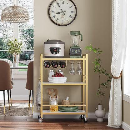 TUTOTAK Bar Cart with Wheels, Drink Cart with Wine Rack and Glass Holder | 3-Tier 23.7 Inch Wide Home Bar Serving Carts, Small Mobile Kitchen Shelf with 6 Hooks, Marble Gold BC01BMG030