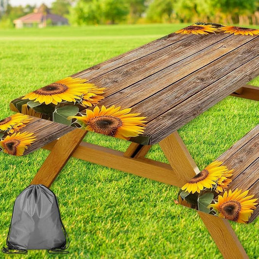 Sunflower Picnic Table Cover with Bench Covers, Waterproof Windproof, Camping Essentials, Fitted Tablecloth Cover with Elastic Edge, for Indoor & Outdoor, Garden, Camping, 3 Pieces Set, 30x72 Inch