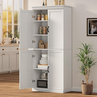 IDEALHOUSE Pantry Cabinet, White 4-Door with Adjustable Shelves, 70" H | Freestanding Cupboard with 5 Interior Compartments, Dining Room, Kitchen, Bathroom, Living Room
