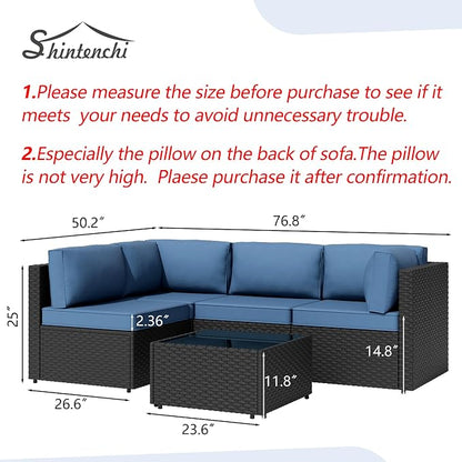 Shintenchi 5 Pieces Outdoor Patio Sectional Sofa Couch, PE Wicker Furniture Sets, Patio Conversation Sets with Washable Cushions Glass Coffee Table for Garden, Poolside, Backyard, Aegean Blue
