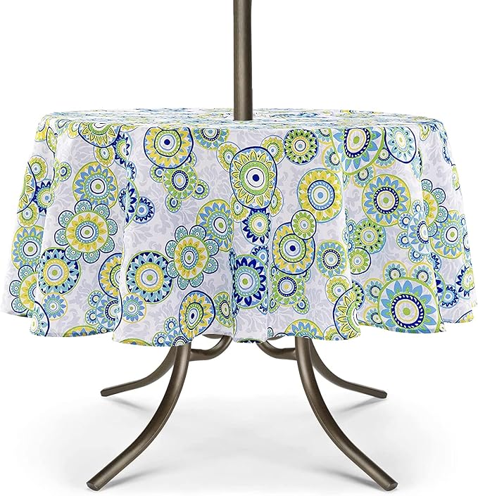 UMINEUX Outdoor Tablecloth with Umbrella Hole and Zipper, Spring/Summer Waterproof Table Cover for Picnic/BBQ/Garden(60" Round,Blue&Green)