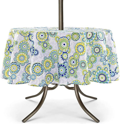 UMINEUX Outdoor Tablecloth with Umbrella Hole and Zipper, Spring/Summer Waterproof Table Cover for Picnic/BBQ/Garden(60" Round,Blue&Green)