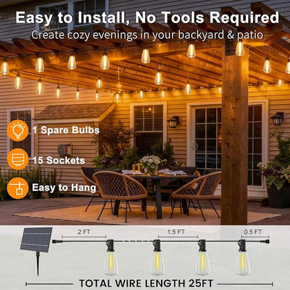 25FT Solar String Lights, Remote & USB Port, Outdoor Waterproof | 1.5FT Spacing, 16+1 Shatterproof Edison Bulbs, IP65, 2700K Warm White, Timer & Dimmable, String Lights for Outside, Yard