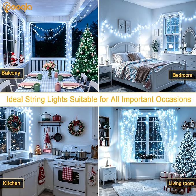 Pooqla 2 Pack String Lights Battery Operated, Total 66.6ft 200 LED Fairy Lights Indoor Outdoor Decorations, 8 Modes Cool White Battery Christmas Lights for Bedroom Classroom Porch Party Yard Decor