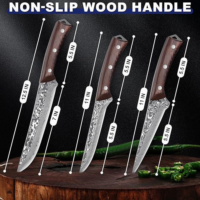 PURPLEBIRD Japanese Chef Knife Set of 3, Razor Sharp Kitchen Knife Set, Japanese Full Tang Meat Knives with Wood Handle for Trimming and Carving Poultry Chicken, Ideal Gifts for Men