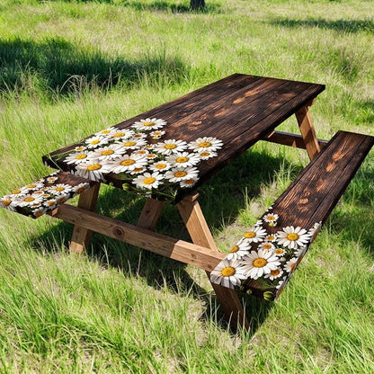 Picnic Table Cover with Bench Covers Elastic Edges, Wooden Board Daisy Fitted Table Cover, Outdoor Patio Camping Essentials 3PCS, Waterproof Camping Fitted Tablecloth with Drawstring Bag 96in
