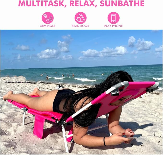 3 in 1 Women Comfort Backpack Beach Tanning Lounge Chair with Cushion Face Hole Softer Adjustable Washable, Layout Sun Chair for Adults Outside Reading Sunbathing Poolside, 6 Position, 2 Pack, Pink