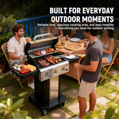Redlife 3 Burner Propane Gas Grill, 30,000 BTU Outdoor BBQ Grill with Cast Iron Cooking Grates, Stainless Steel Warming Rack, Built-in Thermometer, Side Shelves, Removable Grease Tray, Yellow