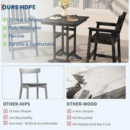 Garvee Outdoor Patio Bar Table for 2-4, All-Weather HDPE Bar Height Table with Umbrella Hole and Spacious Tabletop for Outside,Poolside, Backyard