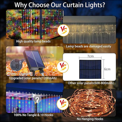 Solar Curtain Lights Outdoor 10 x 10Ft 300LED Waterproof Waterfall Light with 8 Modes Remote USB Rechargeable Dimmable Timer Twinkle Fairy String Lights for Outdoor Christmas Gazebo Wedding Pergola