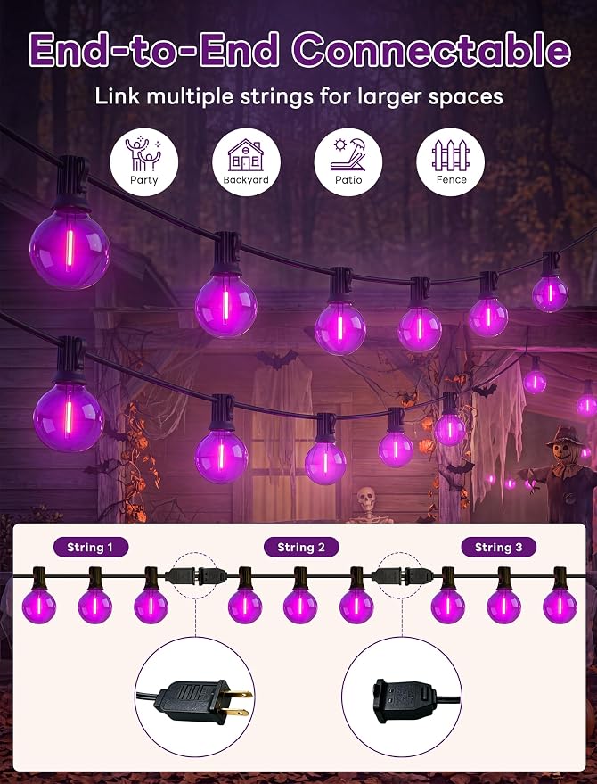 Abeja 50FT G40 Purple Halloween String Lights, Halloween Lights Outdoor with 27 Shatterproof Purple LED Bulbs(2 Spare) LED Globe Lights for Patio Balcony Backyard Pergola Decor