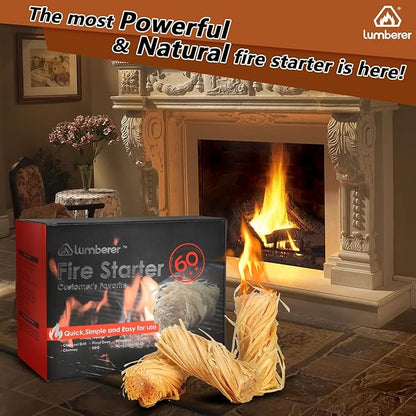 Lumberer 60 pcs Tumbleweed Fire Starter, Waterproof, All-Weather,for Fireplace Indoor, Campfires, Grill, Wood Stove, Fire Pit, Smoker, Chimney, Pizza Oven and Coal Stove.