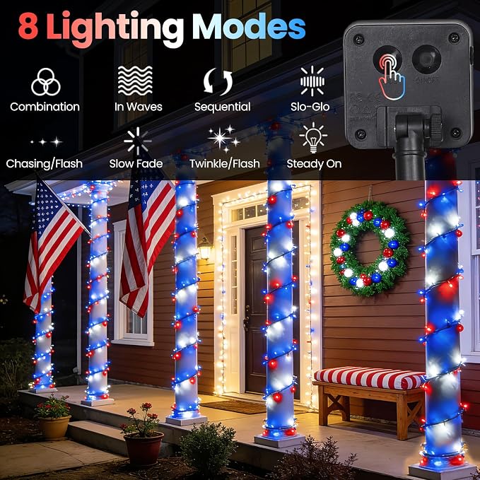 Red White and Blue Lights Solar String Lights Outdoor Waterproof for 4th of July Decorations and Memorial Day Decorations, Total 100LED 45FT for Garden Yard Pathway Fence, 8 Modes 50LED x 2 Packs