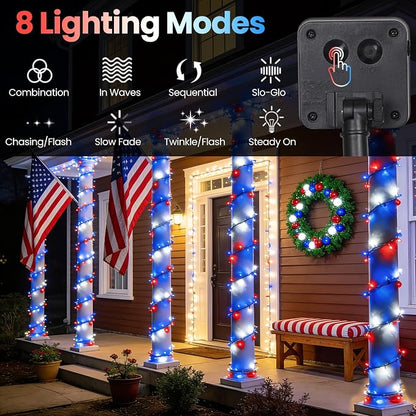 Red White and Blue Lights Solar String Lights Outdoor Waterproof for 4th of July Decorations and Memorial Day Decorations, Total 100LED 45FT for Garden Yard Pathway Fence, 8 Modes 50LED x 2 Packs