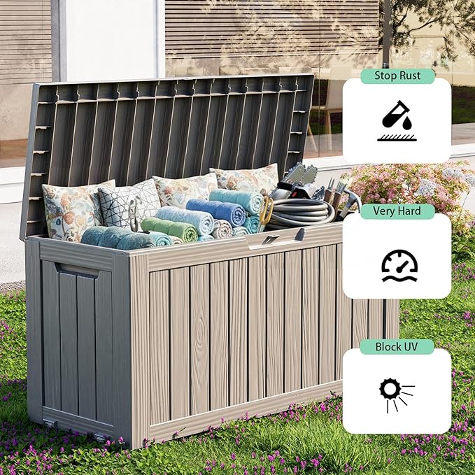 Waterproof Outdoor Storage Box, 86 Gallon Lockable Deck Box, UV-Resistant Outside Storage Bin With Hydraulic Lid For Patio Furniture, Cushion Organizer, Garden Tools, Pool Accessories, Grey