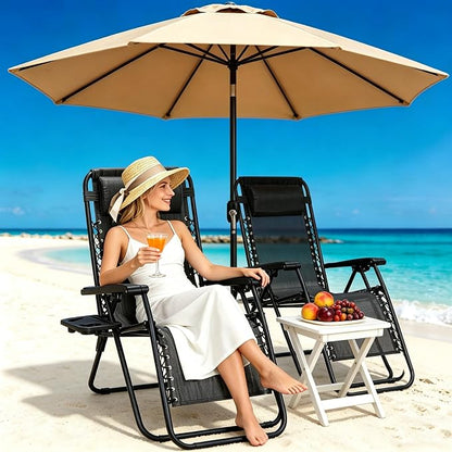 Zero Gravity Chairs Set of 2 with 9FT Patio Umbrella, Adjustable Folding Outdoor Recliner with Pillow & Cup Holder, Waterproof UV Protection Market Umbrella for Pool, Beach, Patio, Camping