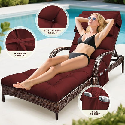 Outdoor Chaise Lounge Chair Cushion, Waterproof Outdoor Chair Cushions for Patio Furniture, 71 x 21 x 4 Inches Replacement Chaise Lounge Cushion with Ties (Red)