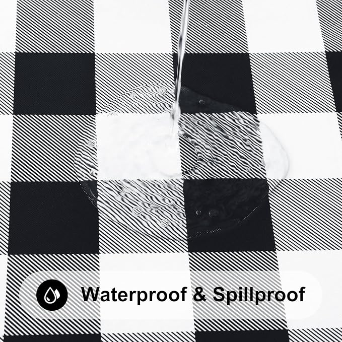 Smiry Rectangle Picnic Table Cloth, Elastic Waterproof Fitted Vinyl Tablecloths, Flannel Backed Buffalo Plaid Table Covers for Dining, Camping, Outdoor (Black and White, 30" x 72")