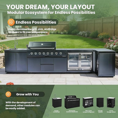 Outdoor Kitchen Island, Natural Gas Grill with Standalone Side Burner Island, 96,000 BTU BBQ Grill with Sink, Refrigerator, Granite Countertop, Grill Cart & Storage Drawers Black+153in