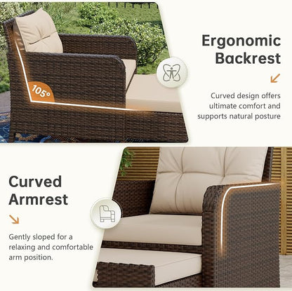 5 Piece Patio Furniture Set, PE Wicker Outdoor Furniture Set with Soft Cushions & Coffee Table, Outdoor Lounge Chairs with Ottoman for Porch, Lawn, Balcony, Khaki-Beige