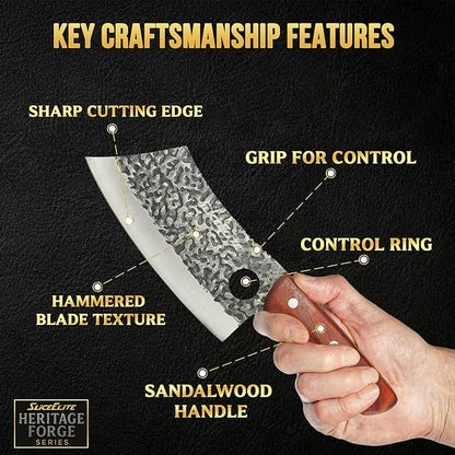 SliceElite Hand Forged Meat Cleaver Knife | Heavy Duty Butcher Knife with Blackened Blade, Sandalwood Handle & Gift Box | High Carbon Steel BBQ Kitchen Cleaver | Bone Chopping Knife for Men