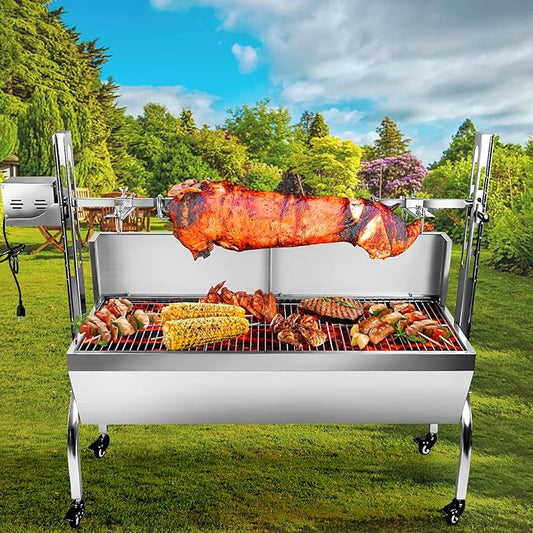 Rotisserie Grill Charcoal Spit Roaster, Stainless Steel 48.6" Pig Lamb Hooded Roaster Charcoal Spit With 25W Motor & Adjustable Height Lockable Casters For Party Barbecue,176 LBS With Baffle