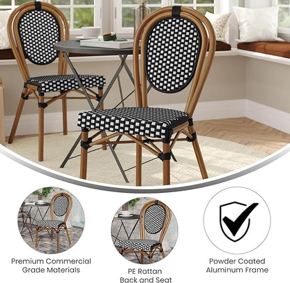 Flash Furniture Lourdes Indoor/Outdoor Commercial Thonet Bistro Stack Chair - Black/White PE Rattan Back and Seat - Natural Bamboo Print Metal Frame