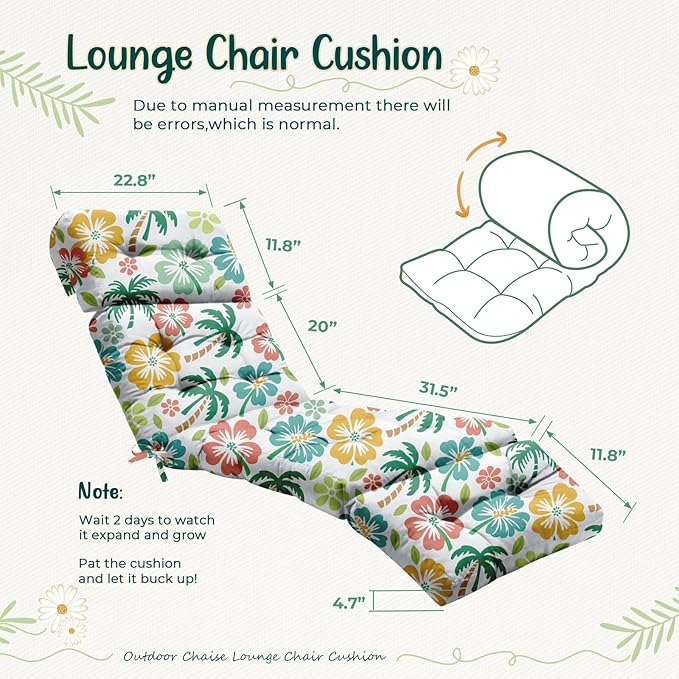 2 Pack Outdoor Chaise Lounge Chair Cushion 75.1 x 22.8 x 4.7 Inches 100% Waterproof Replacement Cotton Patio Pool Lounge Chair Cushion for Outdoor Furniture with Ties, Green Coconut Tree