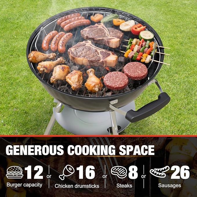 18 inch Charcoal Grill, Portable Kettle BBQ Grills, Barbecue Gift, Durable & Easy to Assemble, Round Barbecue Grill for Outdoor Cooking, Patio and Beach, Black