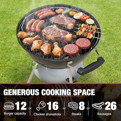 18 inch Charcoal Grill, Portable Kettle BBQ Grills, Barbecue Gift, Durable & Easy to Assemble, Round Barbecue Grill for Outdoor Cooking, Patio and Beach, Black