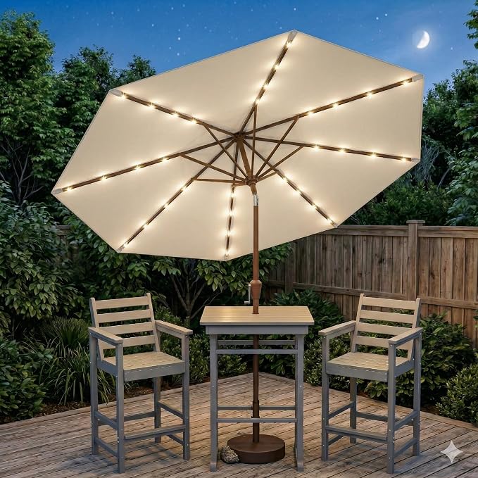 10FT Solar Lighted Patio Umbrella, Outdoor Table Market Umbrellas with Push Button Tilt and Crank, 32 LED Lights, 8 Sturdy Ribs, UV-Resistant for Deck, Garden, Pool