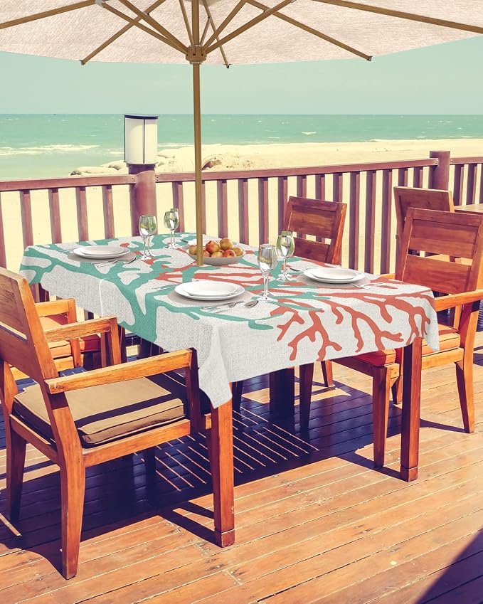 Teal Red Coral Outdoor Tablecloth - 60x120 Inch Rectangle Table Cover, Summer Ocean Nautical Coastal Rustic Burlap Waterproof Outdoor Table Cloth with Umbrella Hole & Zipper for Picnic/Patio/Party