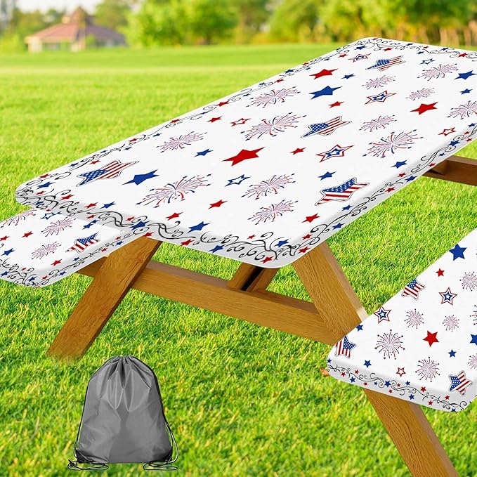JAWO 4th of July Patriotic Star American Flag Picnic Table Cover with Bench Covers, Camper RV Essentials Gear Supplies Outdoor Waterproof Windproof Tablecloth with Elastic, 30X96in