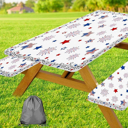JAWO 4th of July Patriotic Star American Flag Picnic Table Cover with Bench Covers, Camper RV Essentials Gear Supplies Outdoor Waterproof Windproof Tablecloth with Elastic, 30x72 Inch