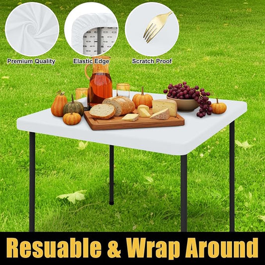 Smiry Rectangle Tablecloth, Elastic Fitted Flannel Backed Vinyl Tablecloths for 3ft Folding Tables, Waterproof Wipeable Table Covers for Indoor, Outdoor, Camping and Picnic (White, 42"x42")