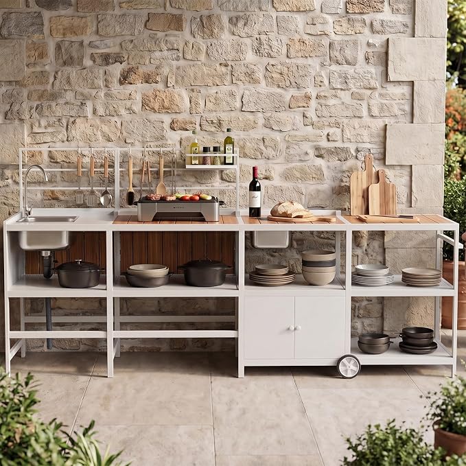 Modular Outdoor Kitchen Island with Sink, 4Pcs Aluminum Outdoor Kitchen Kit | Aluminum Frame, Weatherproof, Modular Grill Cart & Ice box, Large Countertop & Wall Hanging Design, For Patio BBQ, Party