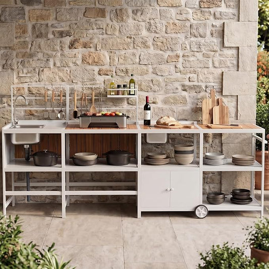 Modular Outdoor Kitchen Island with Sink, 4Pcs Aluminum Outdoor Kitchen Kit | Aluminum Frame, Weatherproof, Modular Grill Cart & Ice box, Large Countertop & Wall Hanging Design, For Patio BBQ, Party