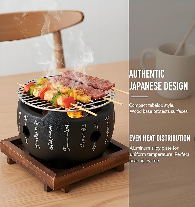 Japanese Style BBQ Grill, Portable Round Hibachi Charcoal Stove with Heat Resistant Design and Removable Ash Tray for Yakiniku, Yakitori, Robata, Takoyaki, and Outdoor Indoor Barbecue (5.9 inch)