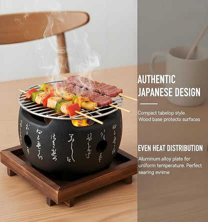 Japanese Style BBQ Grill, Portable Round Hibachi Charcoal Stove with Heat Resistant Design and Removable Ash Tray for Yakiniku, Yakitori, Robata, Takoyaki, and Outdoor Indoor Barbecue (5.9 inch)