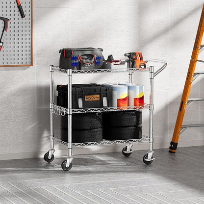 NTE 3 Tier Heavy Duty Rolling Utility Cart on Wheels, 990Lbs Capacity Rolling Wire Cart, Kitchen Carts on Wheels, NSF Commercial Metal Serving Cart with Handle and Shelf Liners for Kitchen, Restaurant