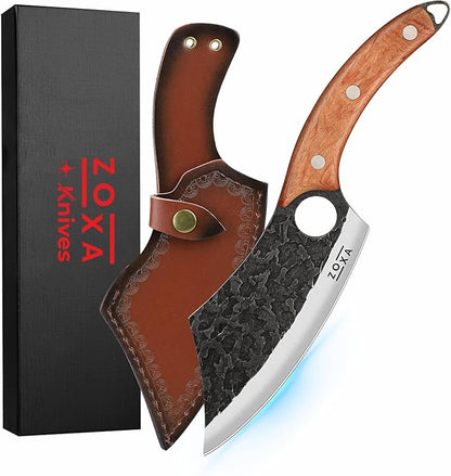 Hakai Chef Cleaver Knife – Full Tang High Carbon Stainless Steel Butcher Knife with Ergonomic Rosewood Handle & Leather Sheath – Sharp Meat Cutting Knife for Kitchen, Camping & BBQ