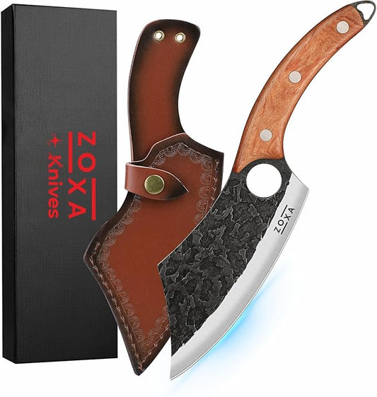 Hakai Chef Cleaver Knife – Full Tang High Carbon Stainless Steel Butcher Knife with Ergonomic Rosewood Handle & Leather Sheath – Sharp Meat Cutting Knife for Kitchen, Camping & BBQ