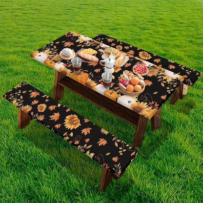 Thanksgiving Pumpkin Sunflower Outdoor Picnic Table Cover Thanksgiving 3 PCS Set Fitted Picnic Table Cover for Outdoor Camping