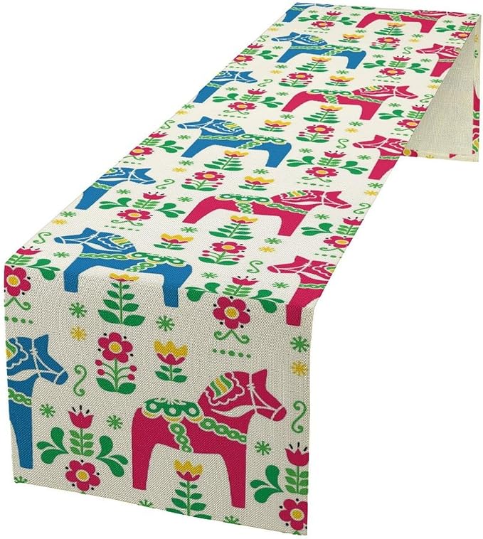 House Table Runner Swedish Art Horse and Flower,Cotton Linen Table Runner Decoration Kitchen Dining Table Runners for Indoor Outdoor Home Party Holiday Decor 13X90Inch
