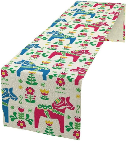 House Table Runner Swedish Art Horse and Flower,Cotton Linen Table Runner Decoration Kitchen Dining Table Runners for Indoor Outdoor Home Party Holiday Decor 13X70Inch