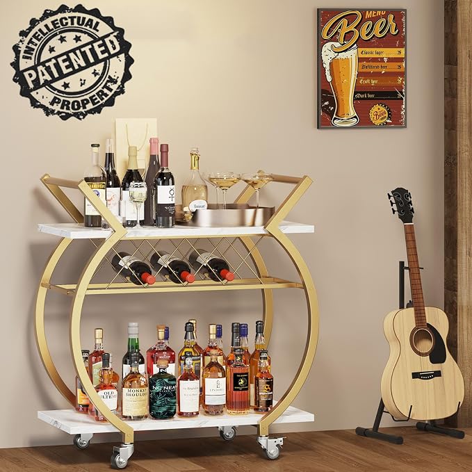 LVB Gold Bar Cart with Wheels, Modern White Marble Home Bar Serving Cart | Drink Cart with Wine Rack, Metal Wooden Beverage Cart, Rolling Kitchen Cart for Home Dining Room,Gold White Marble